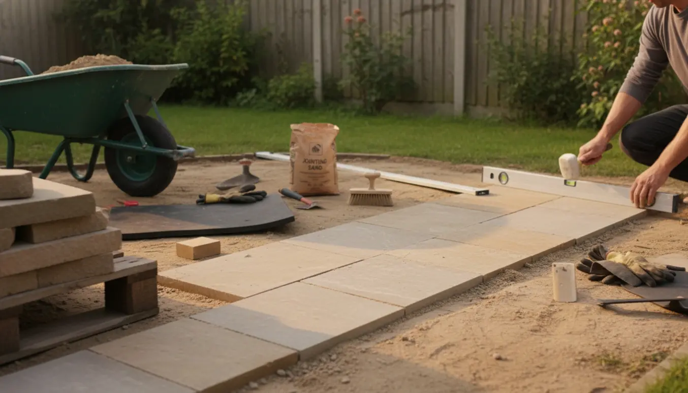 Delvist færdig flisebelægning i en baghave med værktøj og stakke af fliser klar til lægning.