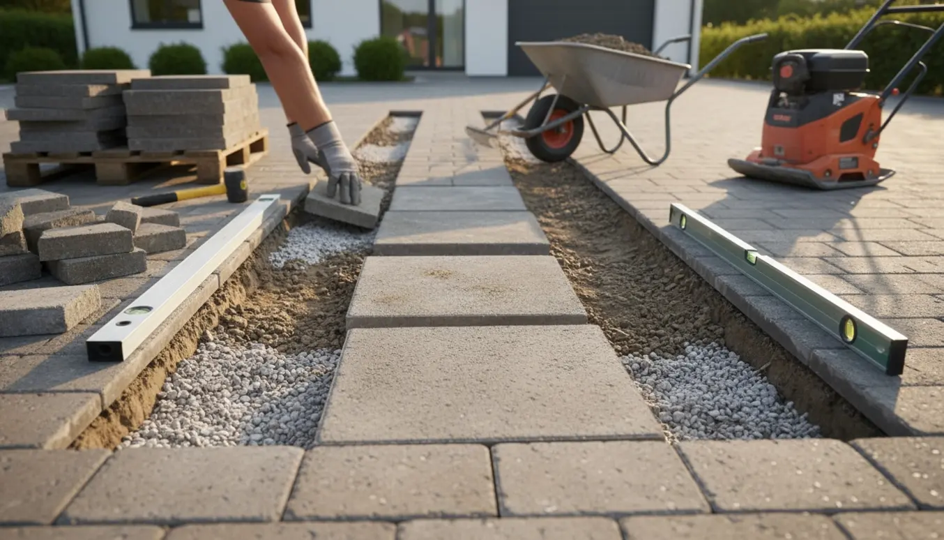 Udenansigt af arbejdstager der lægger 50x50 fliser i en indkørsel med bunker af perlesten, pladevibrator og værktøj.