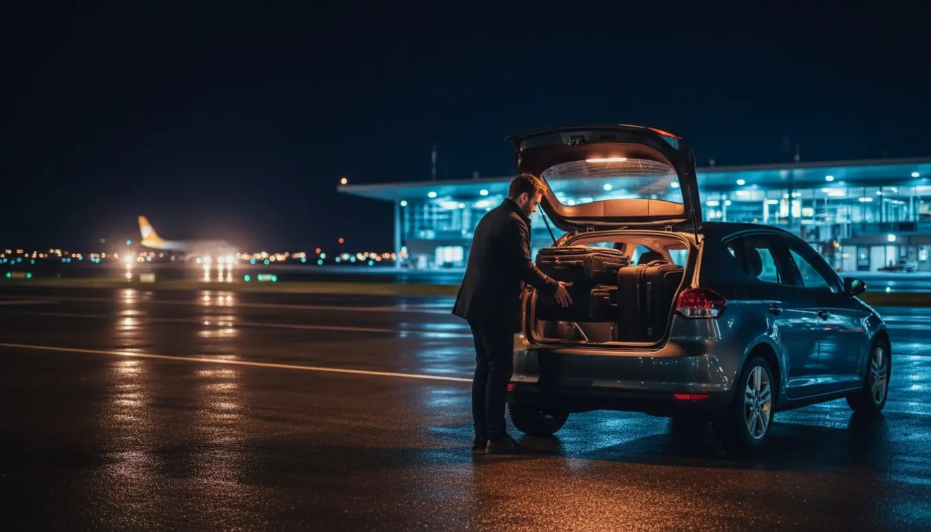 Bil parkeret ved lufthavnsaflevering om natten med bagage klar til afhentning.
