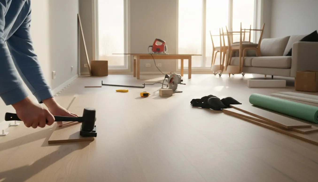 Halvfærdigt laminatgulv i en lys stue med værktøj, planker og flyttede møbler klar til montering af fodlister.