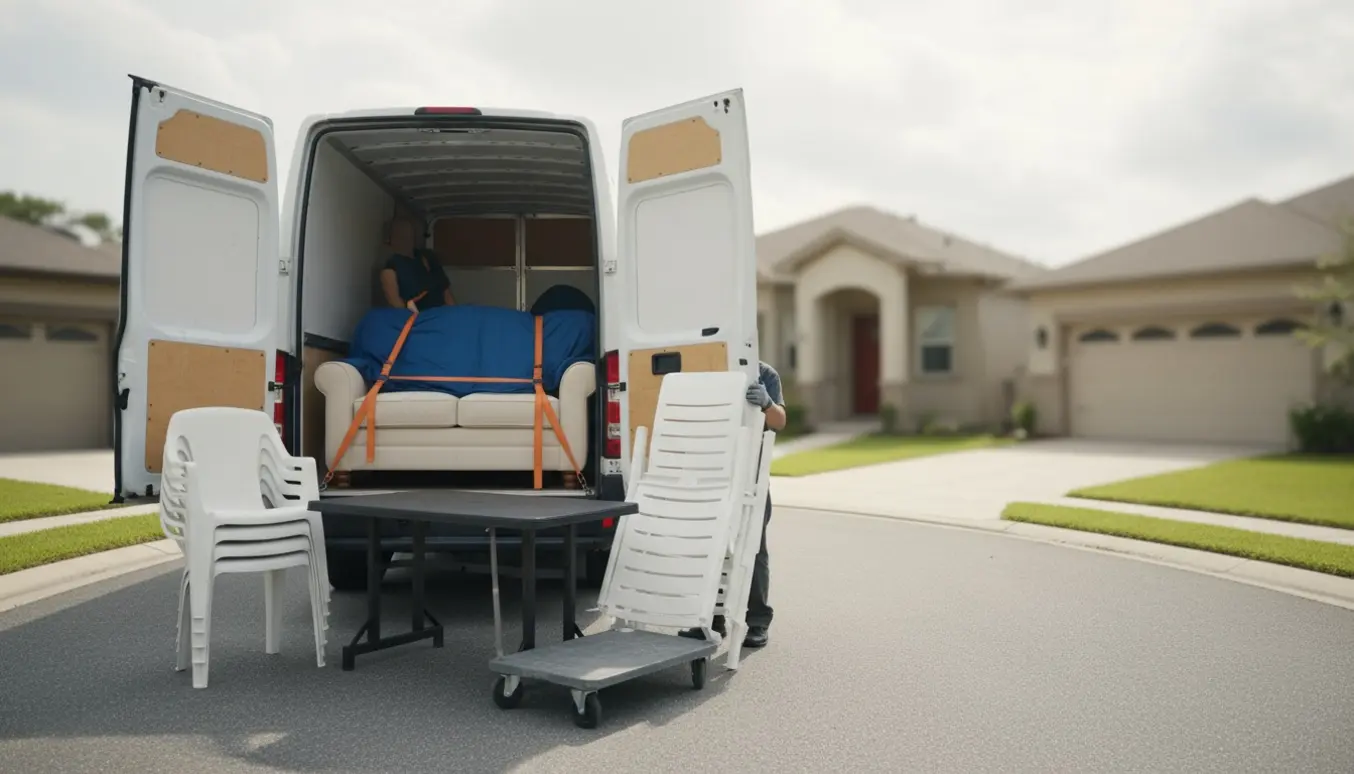 Flyttevogn med en lille to-personers sofa, plastik havebord med fire stole og to liggestole klar til afhentning fra tre lokationer.