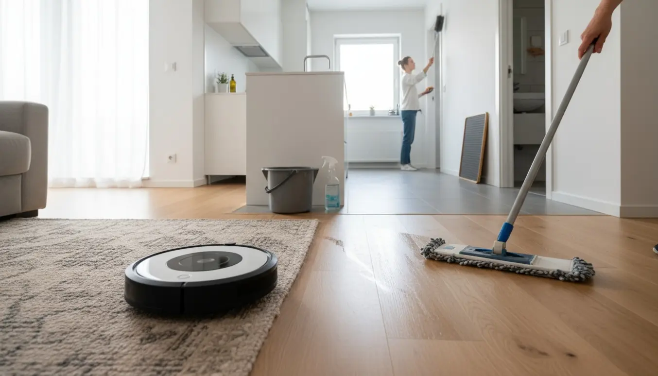 Rengøring i en kompakt lejlighed med støvsuger på tæppe, moppe på trægulv og fjernelse af spindelvæv.