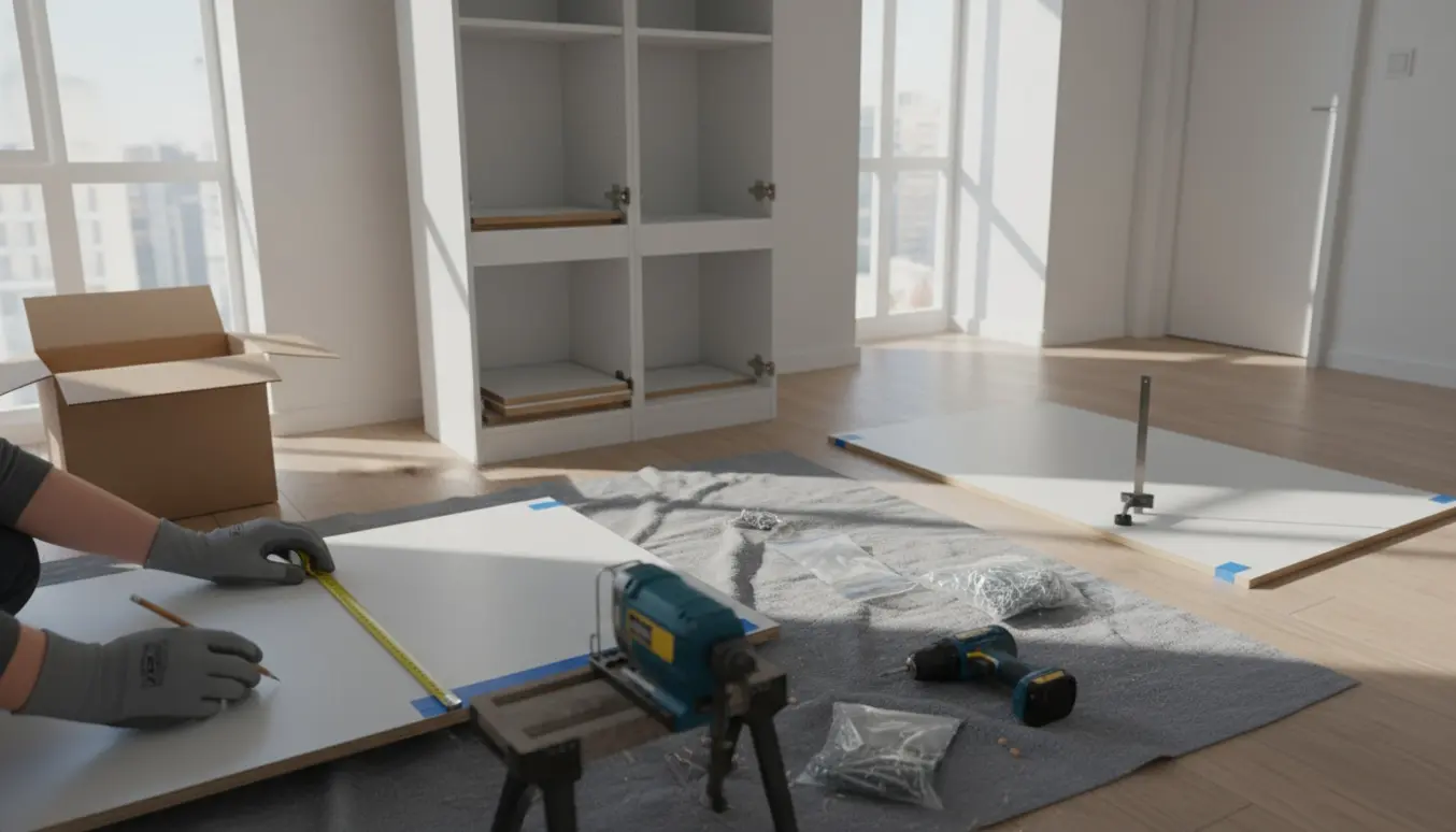 To IKEA-skap under montering i et lyst rum, ét skab måles og tilpasses med værktøj.