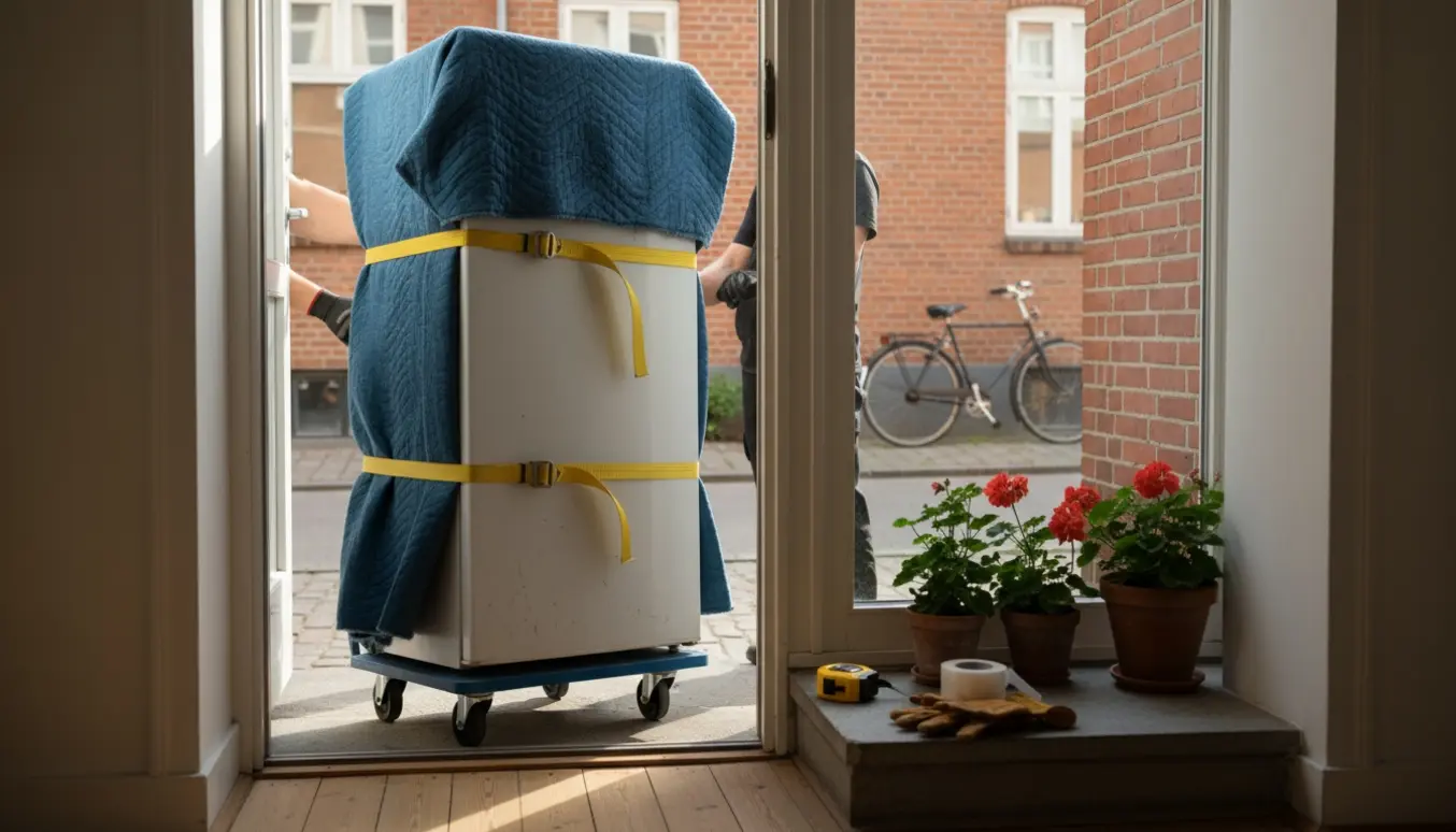 Et køleskab på dolly bæres gennem døren mellem to stuelejligheder på Østerbro.