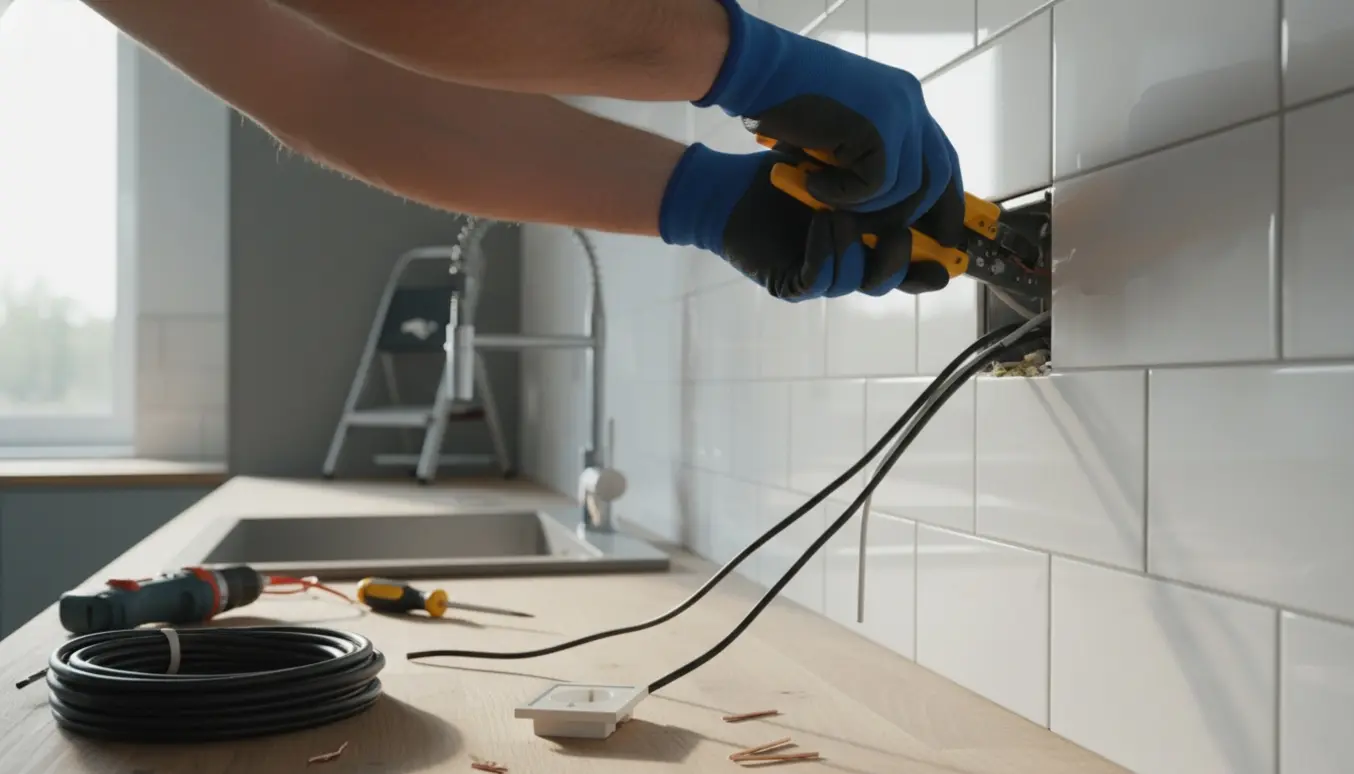 Elektriker trækker kabler og udskifter en stikkontakt i et køkken, kun hænder synlige.