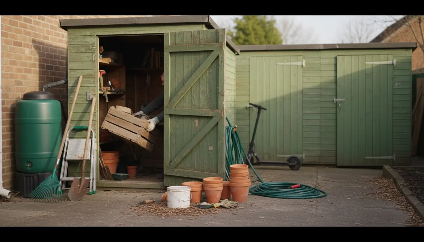 Åben redskabsskur ved husets side med en person bagfra, der løfter en stor kasse, vandtønde og haveredskaber samlet ved hoveddøren.
