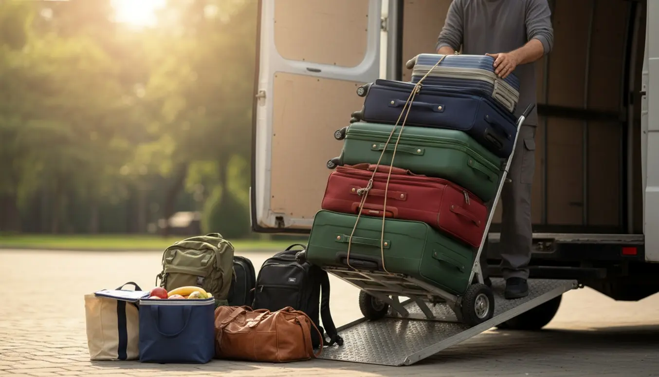 Fem kufferter og fire små tasker læsses på en håndtruck foran en åben flyttevogn med en lille køletaske med madvarer.
