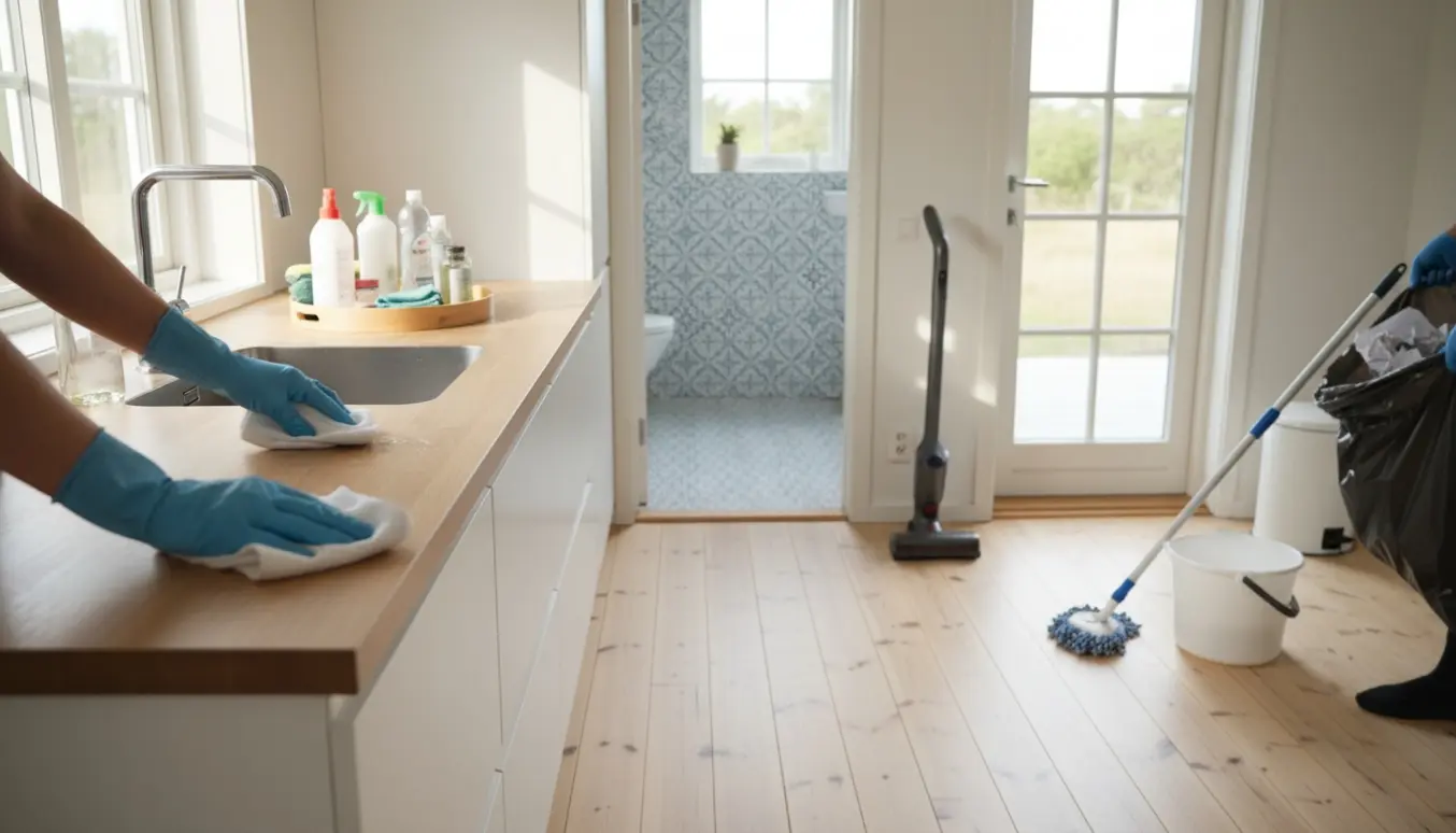 Hænder tørrer et køkkenbord af i et lyst, skandinavisk sommerhus med støvsuger, moppe og skraldepose klar.