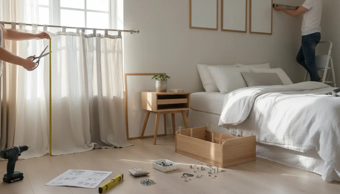 Lyst soveværelse hvor gardiner monteres og to små natborde samt billeder er under samling med værktøj omkring.