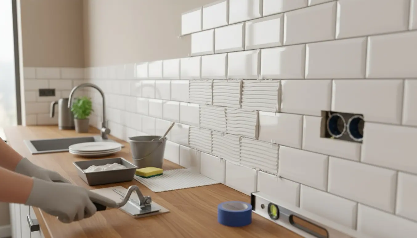 Opsætning af hvide metrofliser som køkkenforklæde med værktøj og hænder i arbejde.