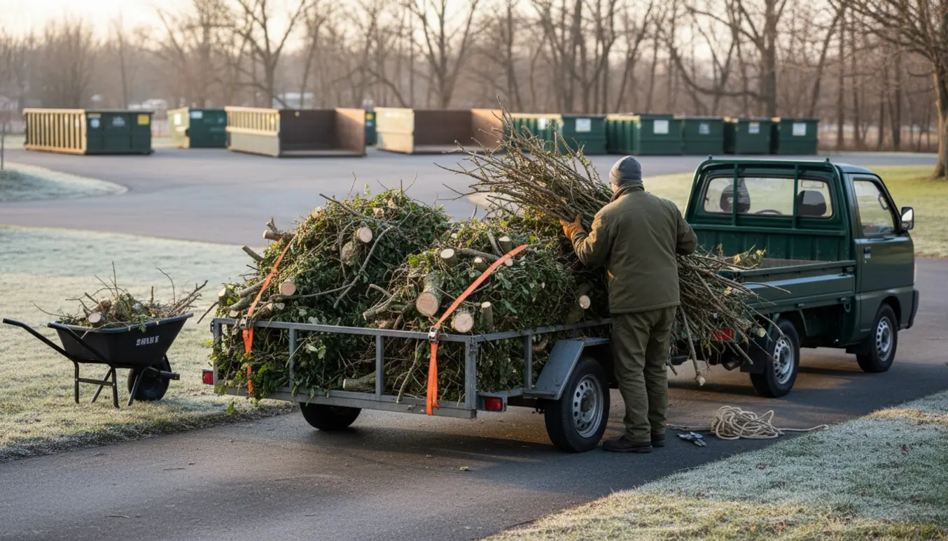 Ladvogn med trailer læsses med afskårne grene ved vejkanten på en kold vintermorgen.