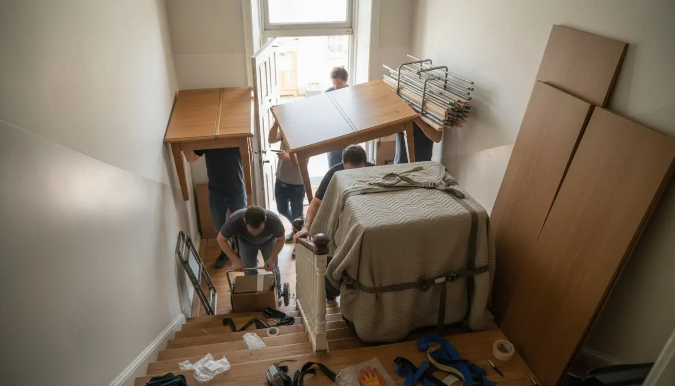 Flere hjælpere bærer og samler adskilte møbler ned ad en smal trappe med flyttetæpper og værktøj.