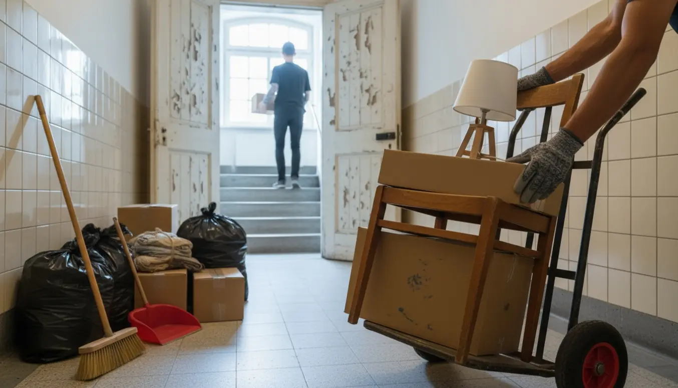 Frivillige fjerner små affaldsposer og møbler fra en fælles gang og trappe i en andelsbolig.