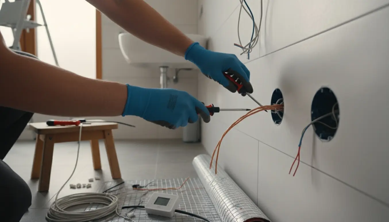 Nærbillede af elektrikerhænder, der flytter elledninger og fjerner gulvvarmemåtte i et moderne badeværelse.