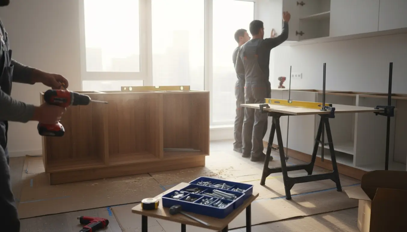 Lyst køkken under montering med fladtpakkede skabe og hænder i arbejde med boremaskine og værktøj.