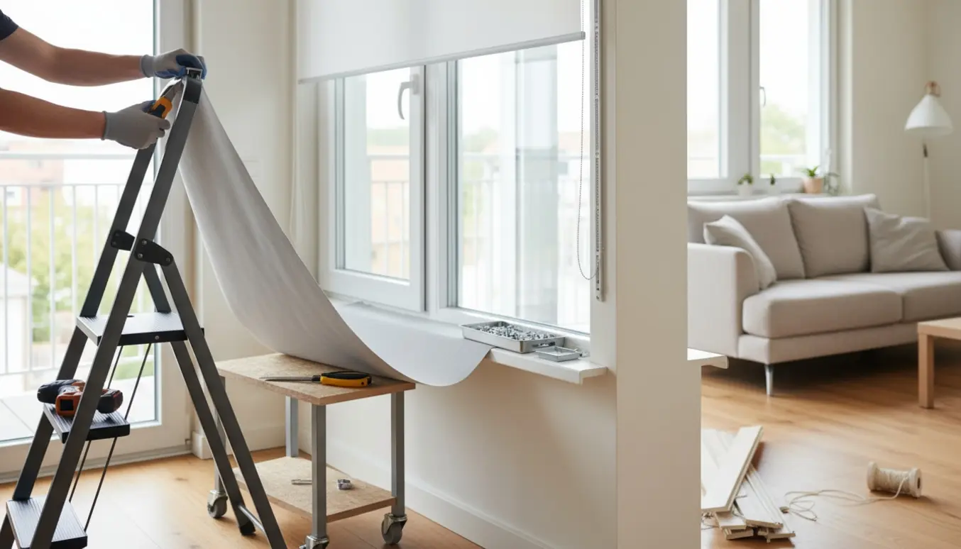 Håndværker måler og tilskærer et rullegardin ved vindue og altandør, med gamle lameller stablet på gulvet.