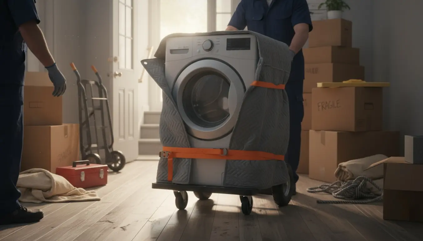 Vaskemaskine på flyttevogn i en lys lejlighedsgang omgivet af flyttekasser og beskyttelsestæpper.