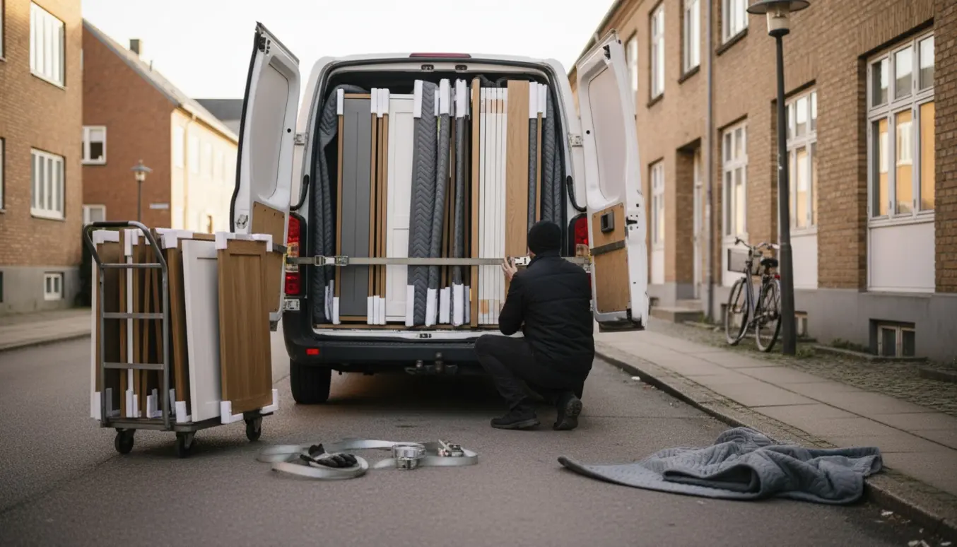 Køkkenlåger pakket i flyttetæpper og spændt fast i en varevogn på en stille gade på Amager, klar til transport.