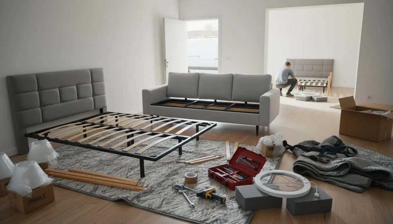 Delvist afmonteret dobbeltseng og sofa i en stue under flytning med værktøj og flyttekasser.