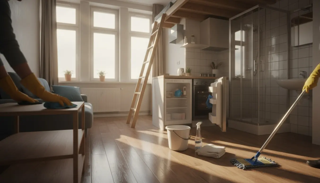 Møbleret lille lejlighed under hovedrengøring med moppe, klud og åbent køleskab i naturligt dagslys.