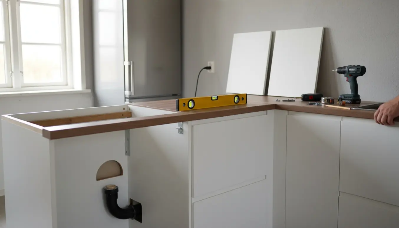 Nærbillede af montering af samlede køkkenmoduler med boremaskine, vaterpas og udskæring til faldstamme.