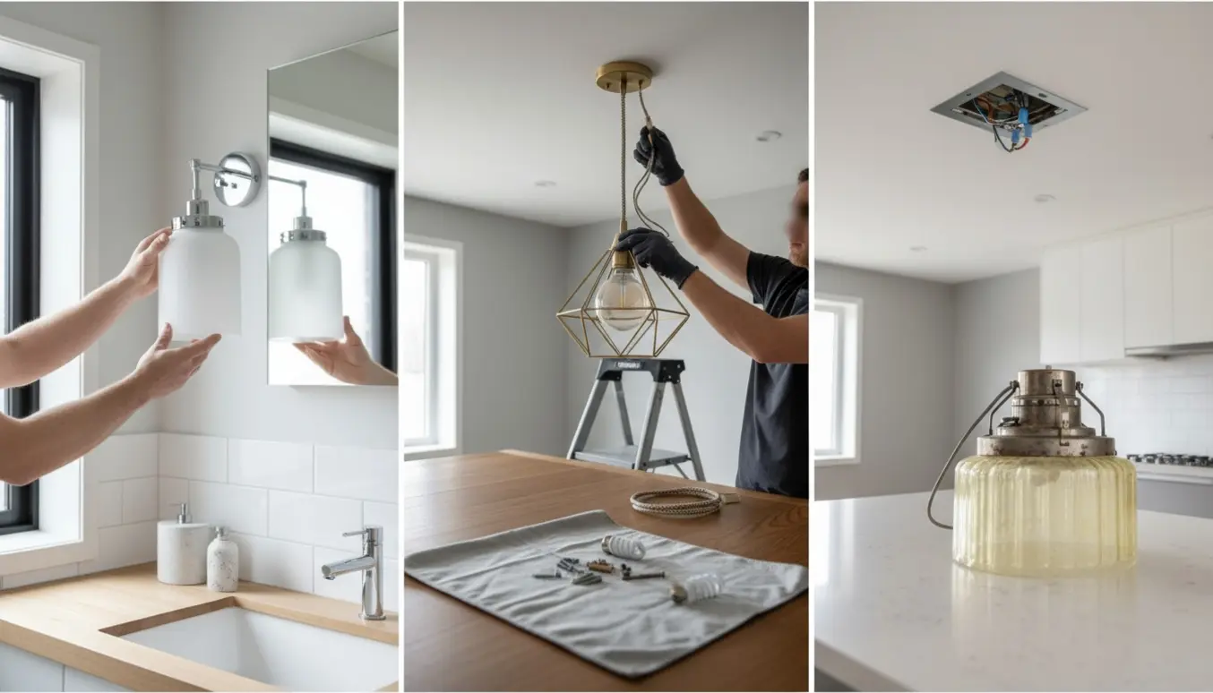 Hænder monterer lamper i hjemmet med ny lampskærm og afmonteret køkkenlampe klar på bordet.