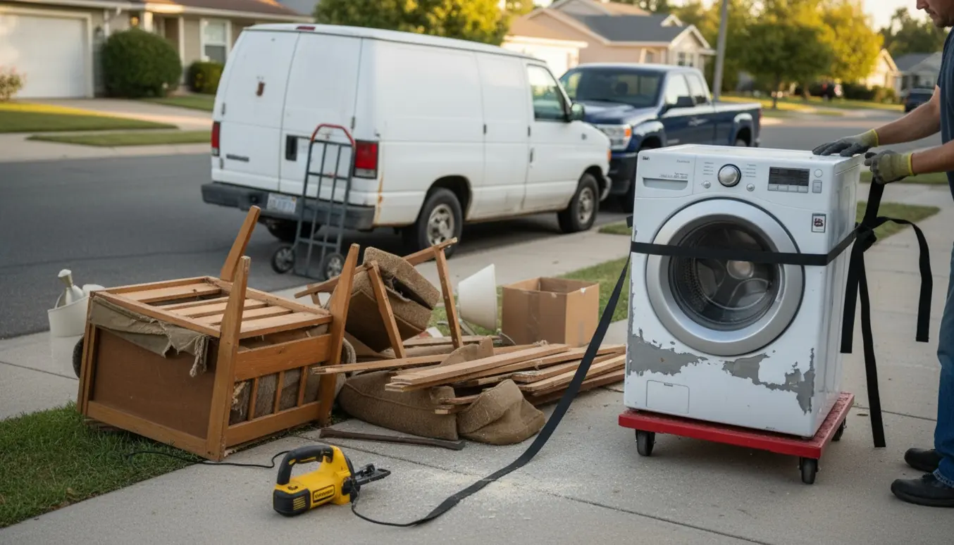Storskrald ved fortov med hakkede møbler og en vaskemaskine klar til afhentning.