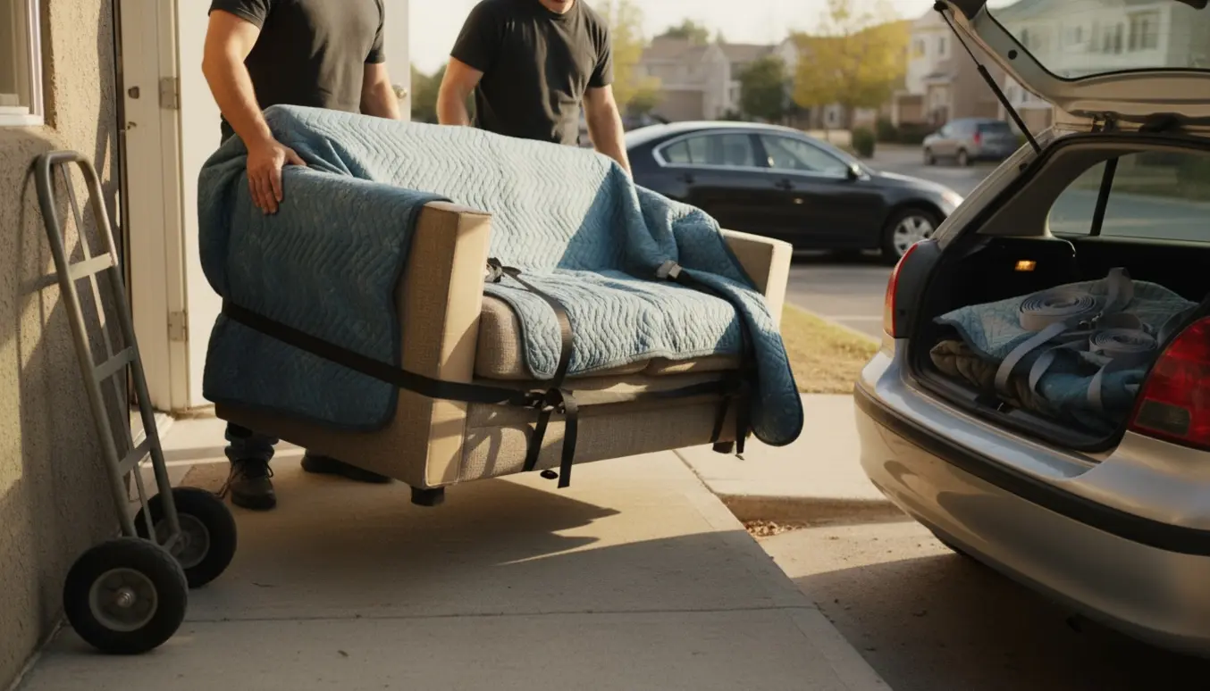 To flyttemænd bærer en indpakket sofa ud af en lejlighed og læsser den i bagagerummet på en bil.