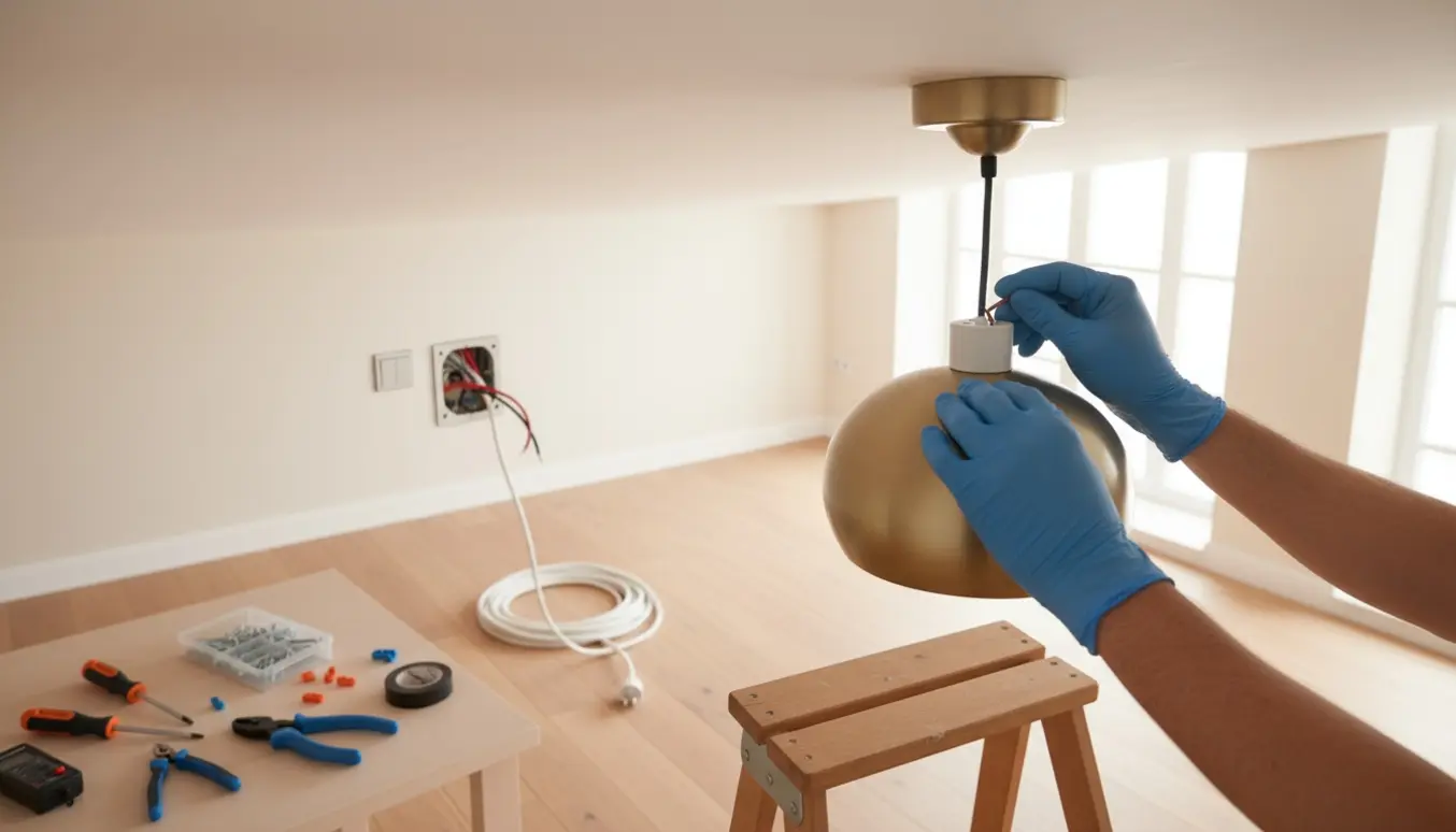 Handsker på hænder, der tilslutter ledninger og monterer en loftlampe fra en stige i et lyst rum.