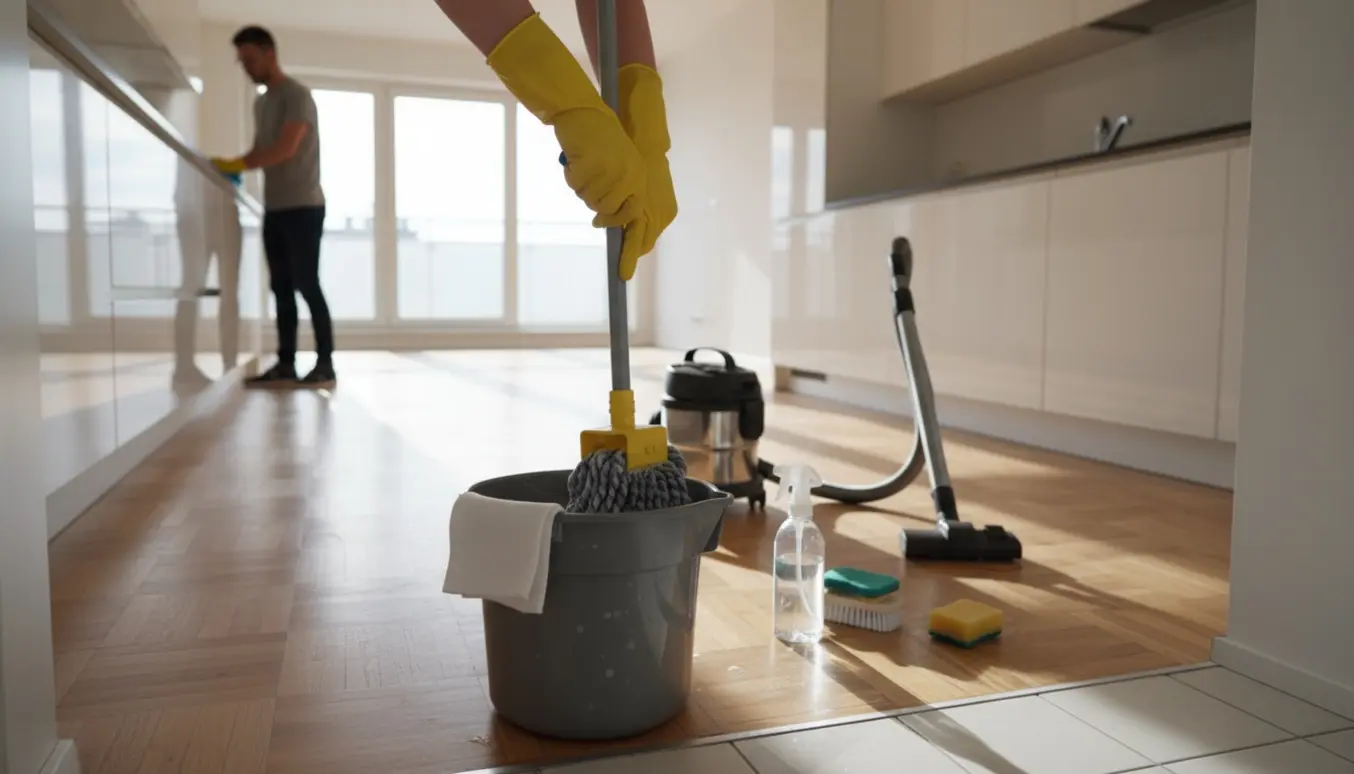 Person i gummihandsker vasker gulv i en lys, tom lejlighed under grundig flytterengøring.