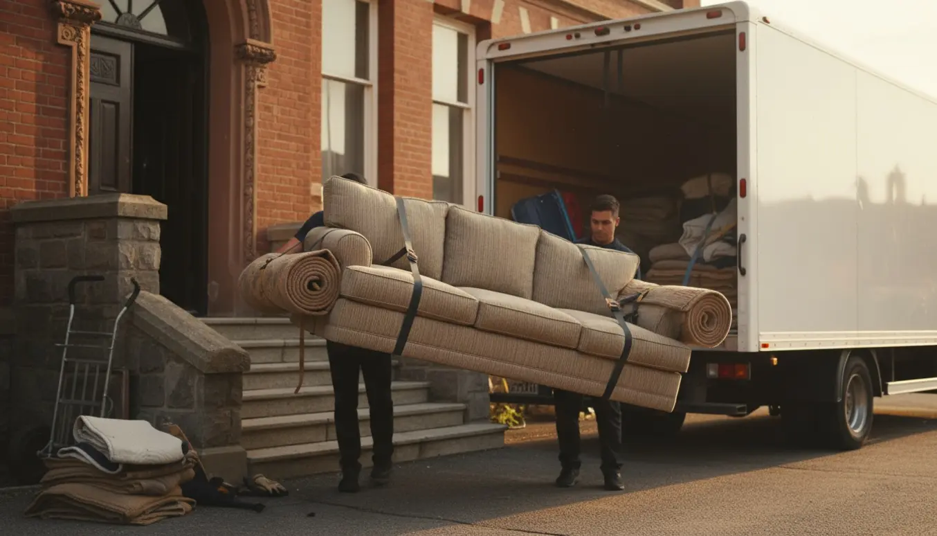 Flyttefolk bærer en 3-personers sofa og to rullede tæpper ned ad trappe mod en åben flyttevogn i aftenslys.
