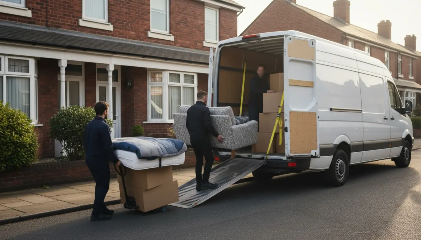 Flyttefolk bærer indpakkede møbler og kasser fra et to-etagers rækkehus ind i en flyttebil.