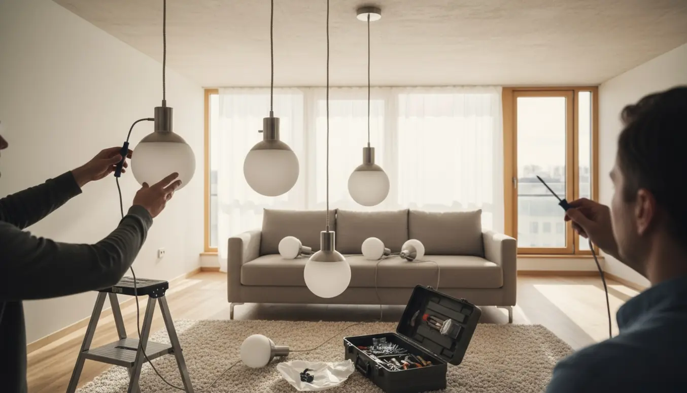 Opsætning af tre pendellamper i en moderne lejlighed med værktøj og en nedtaget lampe på sofaen.