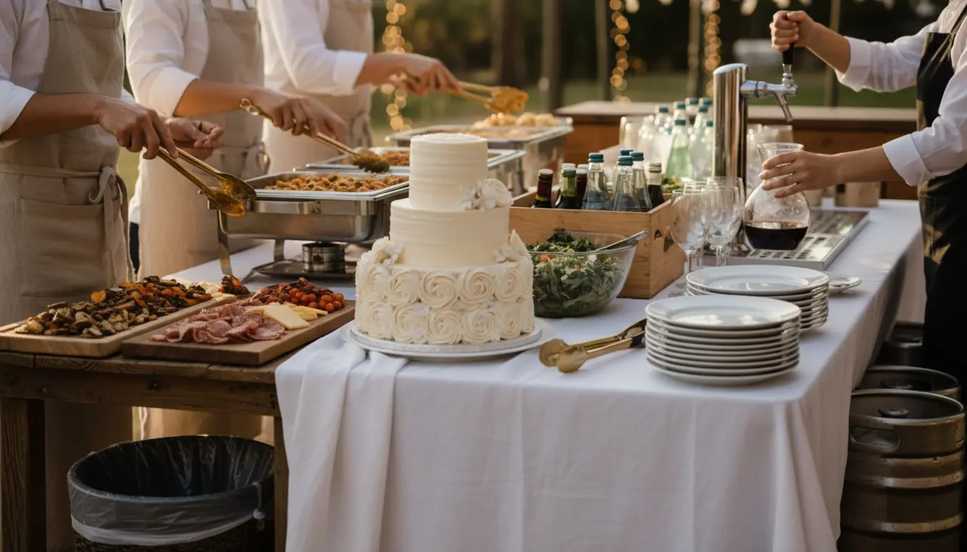 Nærbillede af hjælpere, der dækker op, fylder på buffet og sætter en bryllupskage frem i gyldent eftermiddagslys.