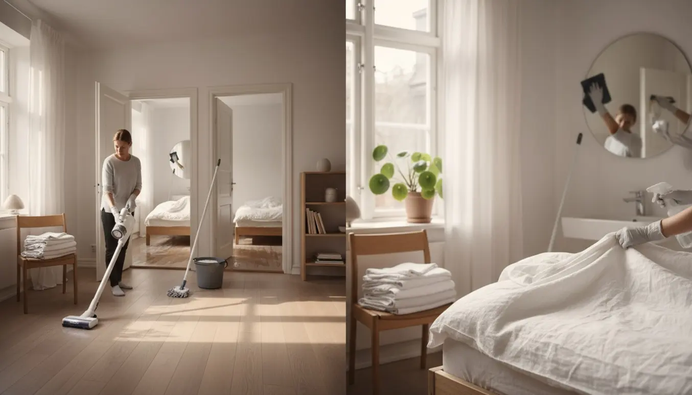 Rengøring i en lille skandinavisk lejlighed med støvsugning, gulvvask, udskiftning af sengetøj og aftørring af spejle.
