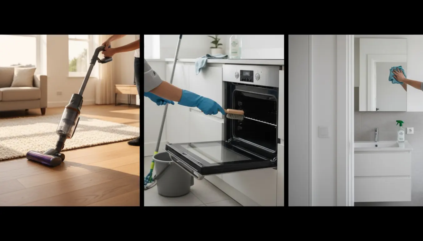 Lyst hjem med støvsugning i stuen, rengøring af ovn og aftørring af badeværelse udført af hænder uden synlige ansigter.