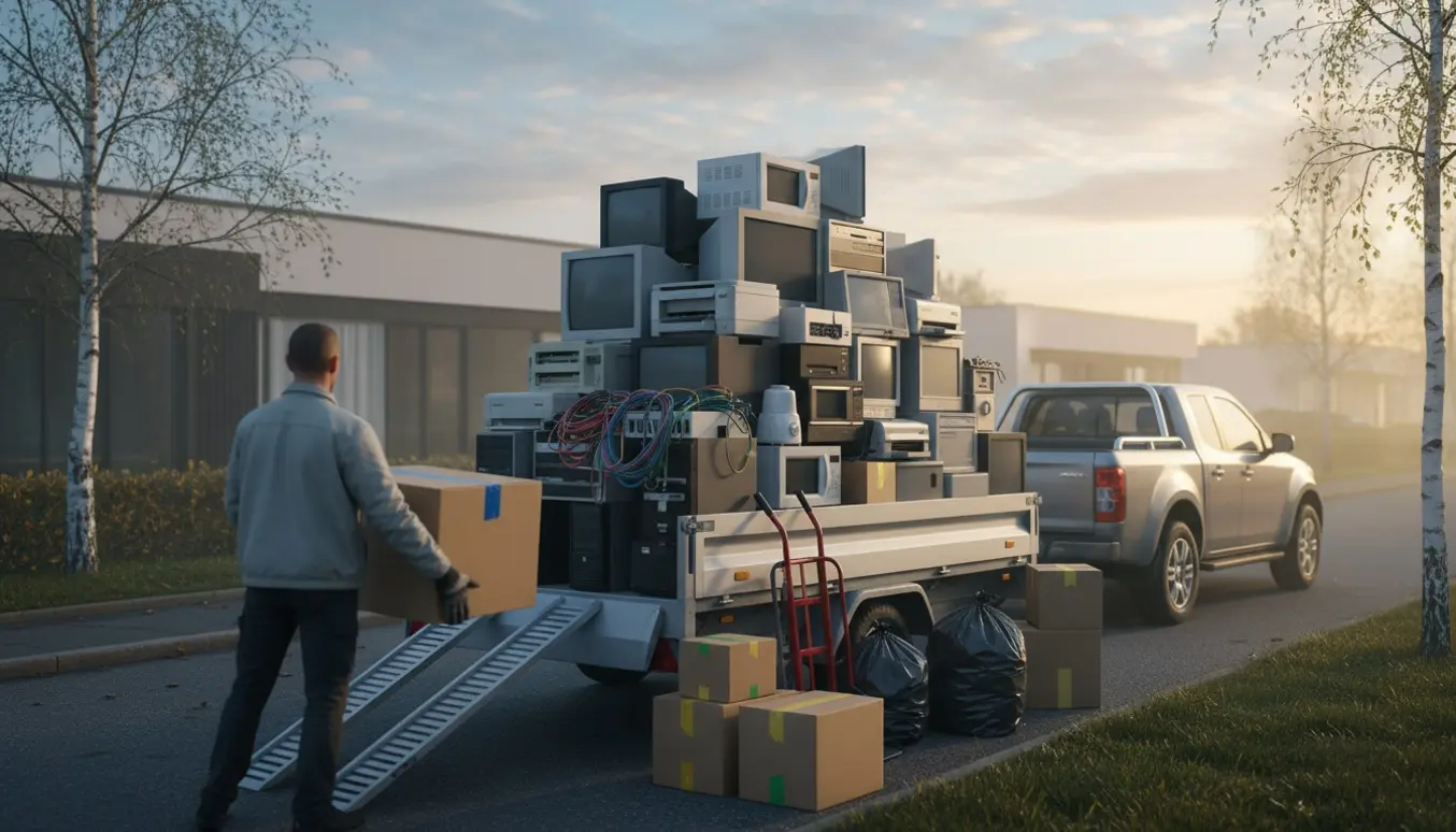Bagagerum og trailer fyldt med gammelt elektronik klar til aflevering på genbrugsplads i et dansk villakvarter.