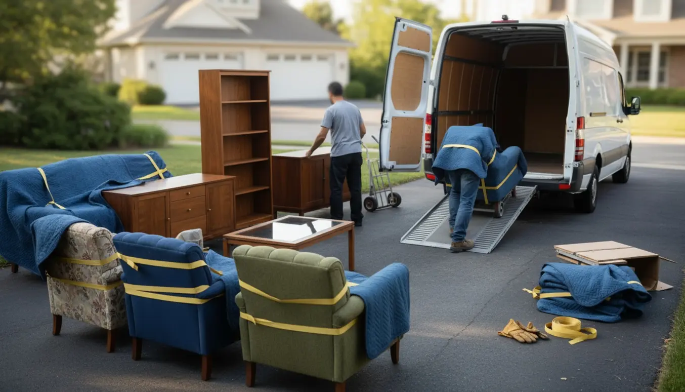 Møbler pakket og læsset på en flyttevogn, inklusiv sofa, lænestole, sofabord, skænk og reol.