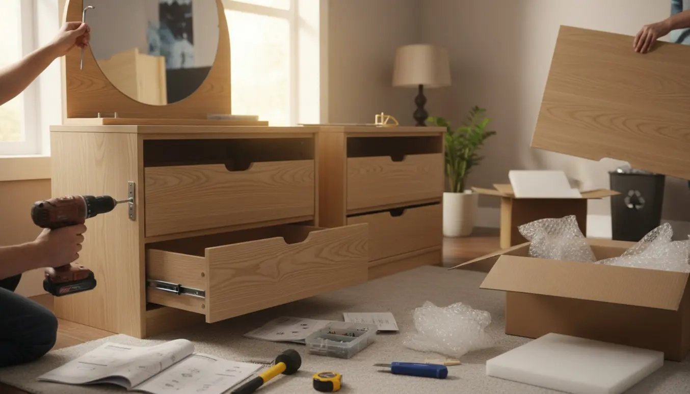 Halvmonteret kommode og sminkebord i et lyst soveværelse med værktøj og emballage klar til bortskaffelse.
