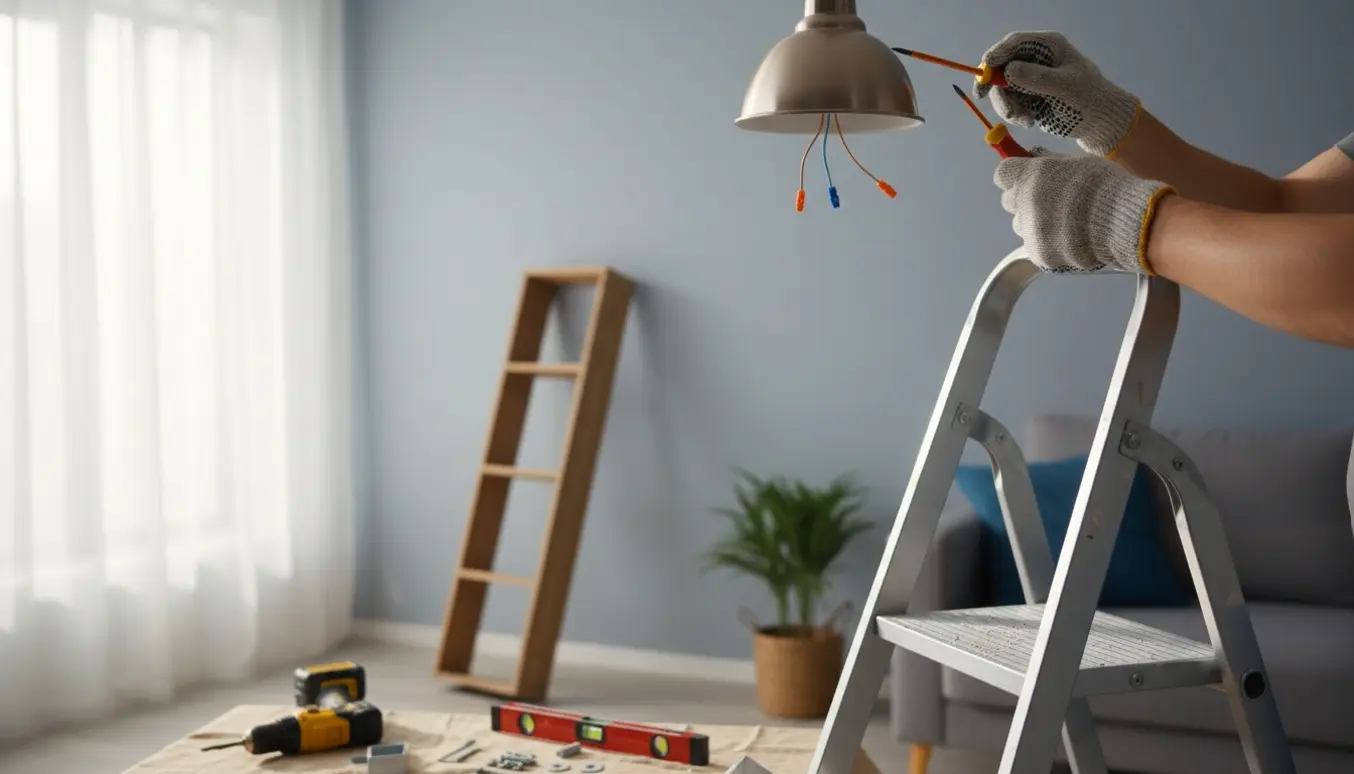 Hænder på en stige flytter en loftlampe, mens en reol fastgøres til væggen med boremaskine og beslag.