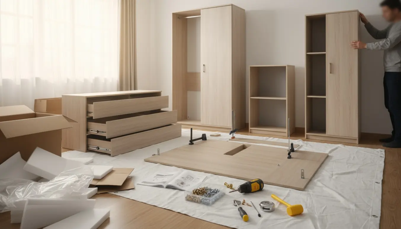 Delvist samlet skab, to reoler og en kommode i en lys stue med værktøj og åbne papkasser.