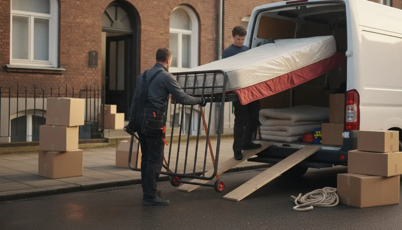 To personer læsser en gammel seng på en flyttebil ved fortovet i morgensol, ansigter ikke tydelige.