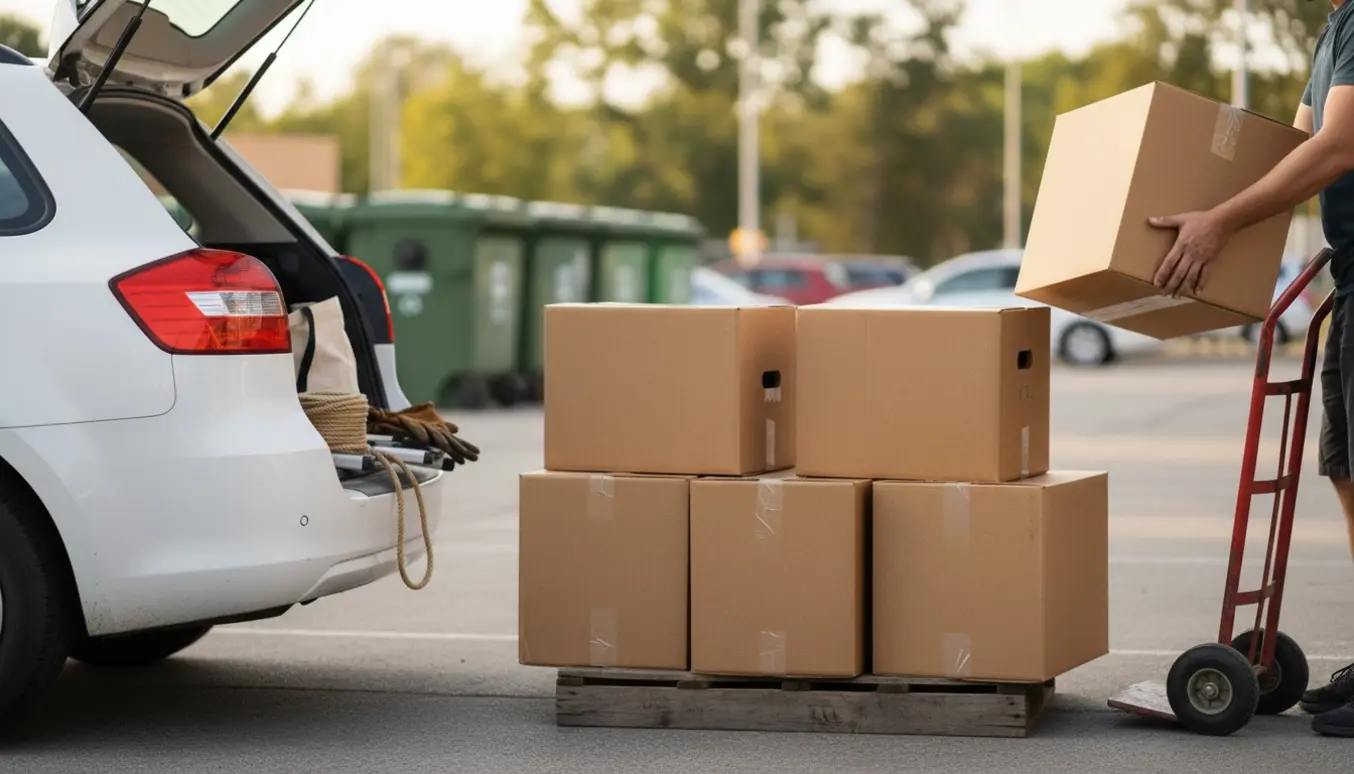 Mellemstore flyttekasser bliver læsset i bagagerummet på en bil klar til aflevering til genbrug.
