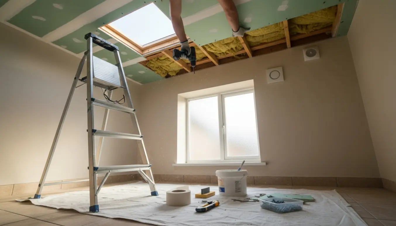 Hænder monterer en ny fugtbestandig gipsplade i et hul i badeværelsesloftet.