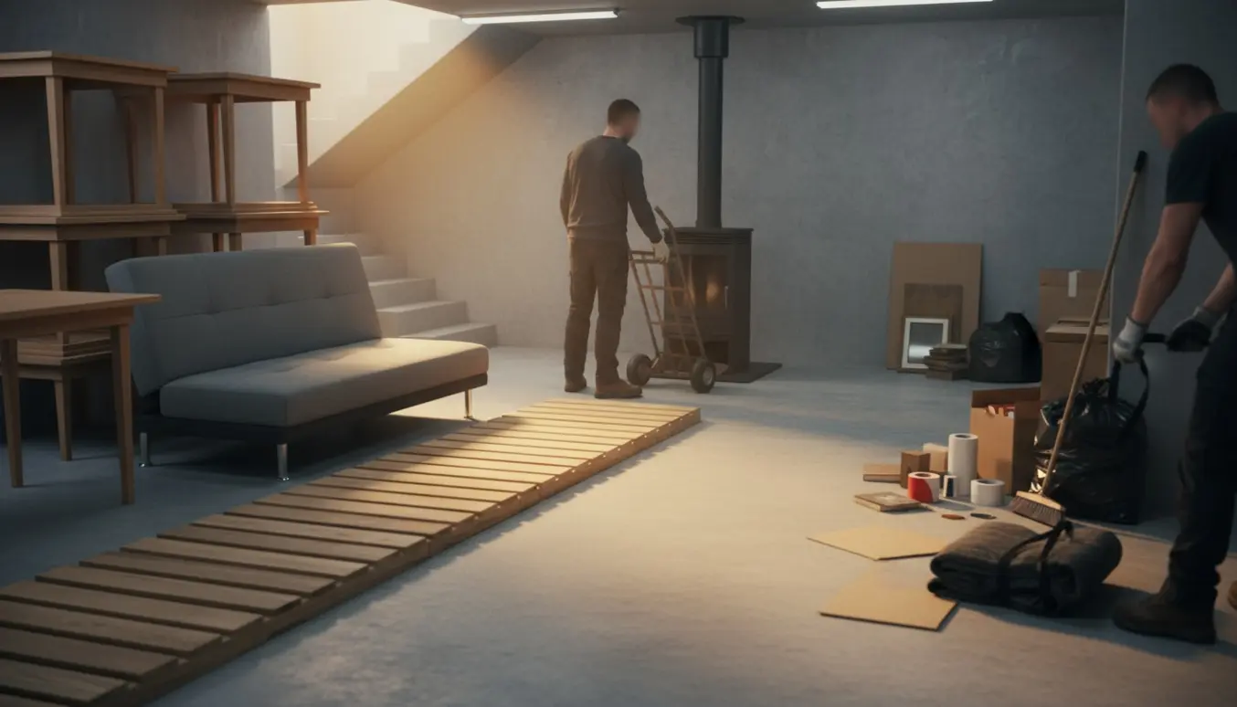 Kælderrum med møbler, paller og en komfur på dolly klar til bortkørsel med dagslys fra trappen.