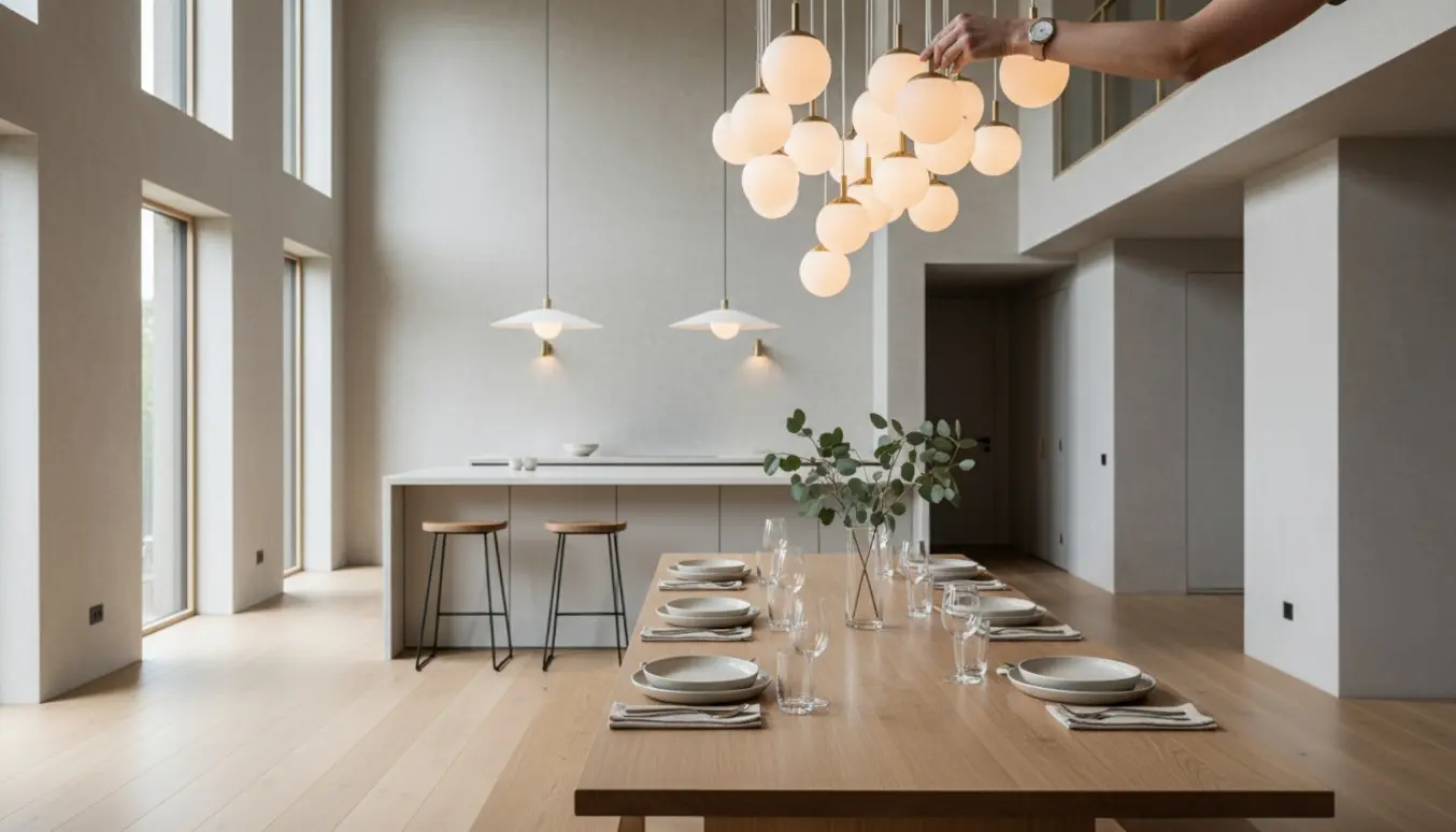 Åben bolig med højt til loftet og pendler over spisebordet samt to lamper over køkkenøen.