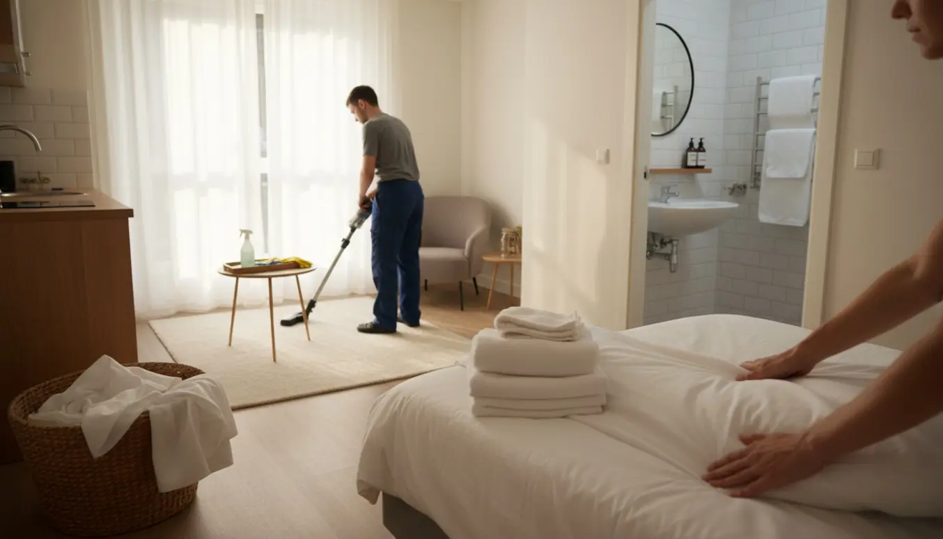 Skift af sengelinned og foldede håndklæder i en lille, lys Airbnb-lejlighed.