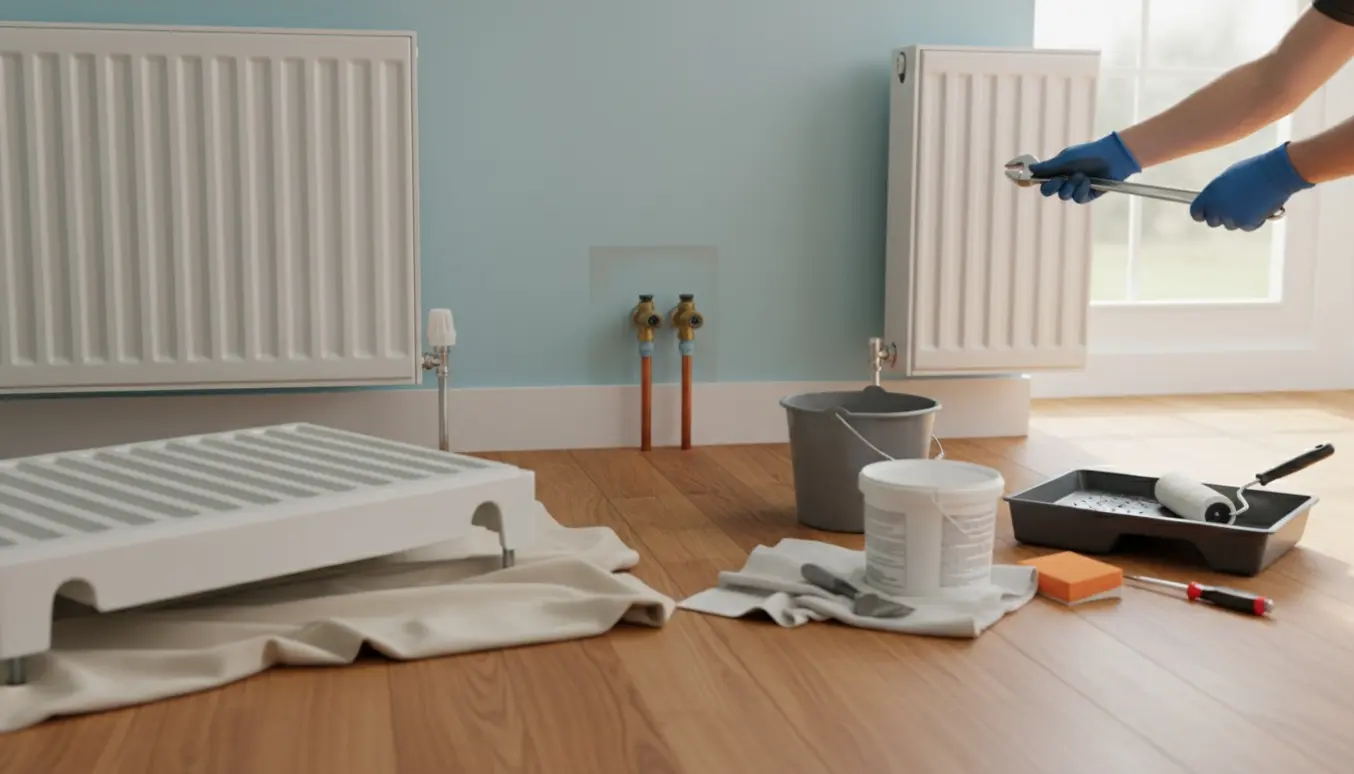 To afmonterede radiatorer og værktøj foran en væg, klar til vægareparation i et lyst rum.