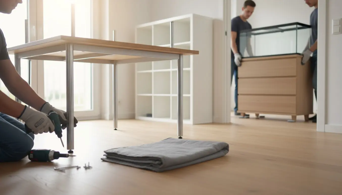 Lyst værelse med afmonterede bordben, en reol på vej i et hjørne og en kommode med et tomt akvarium på toppen.