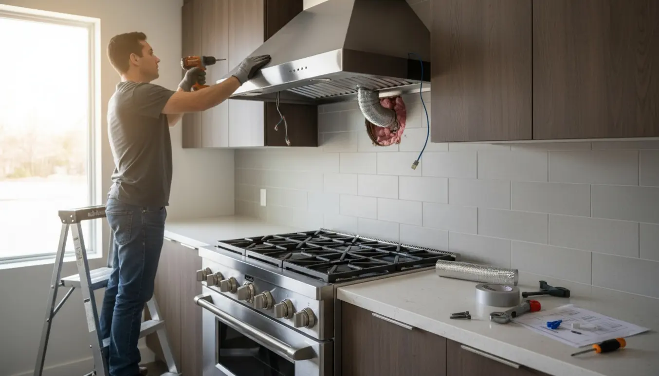 Ny emhætte monteres i køkken med håndværker på stige og udluftningsslange ført op gennem loftet.